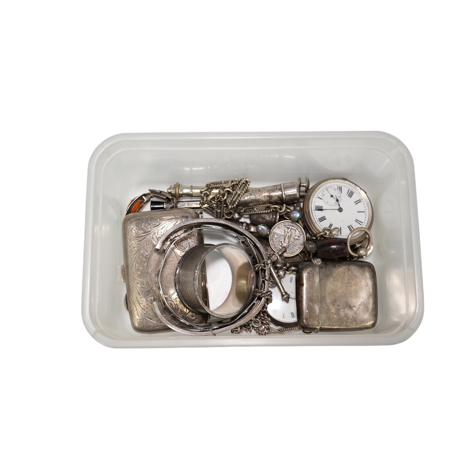 Small silver and white metal, including cigarette case, alberts, vesta case. Condition - fair
